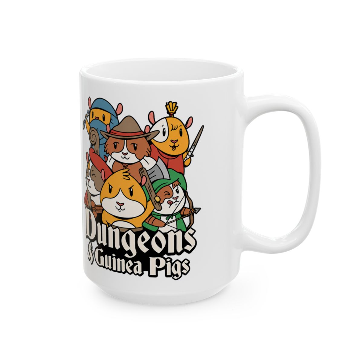 Black ceramic mug featuring a white design of cartoon guinea pigs dressed as Dungeons & Dragons characters. The text "Dungeons & Guinea Pigs" is printed in white on the mug - Dungeons and Daddies official Mugs & Drinkware merch