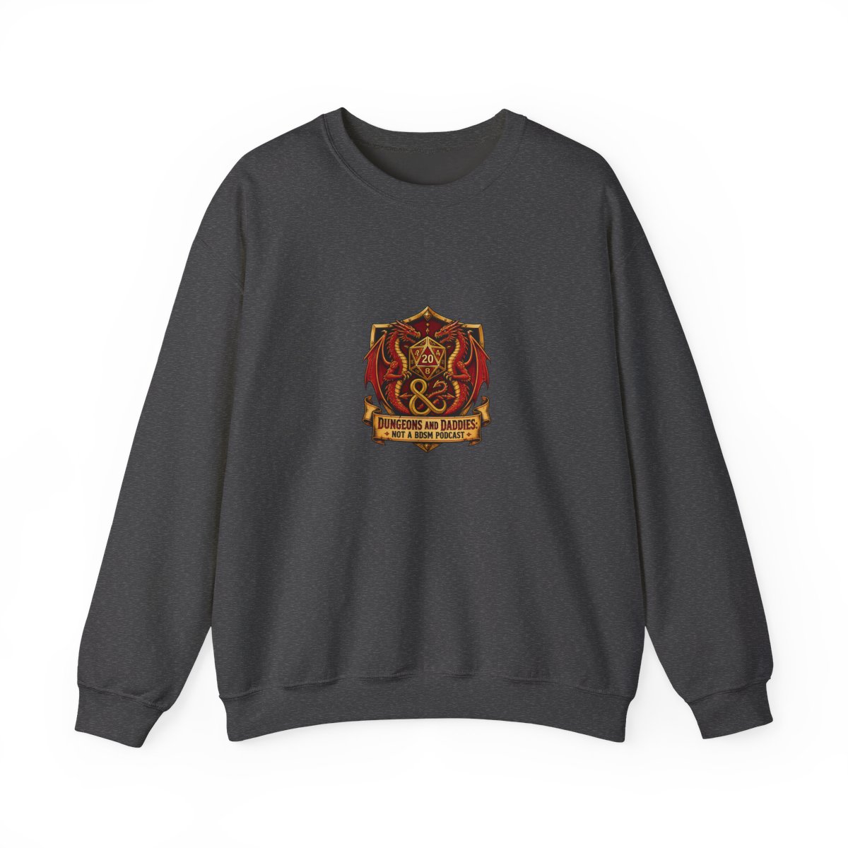 Dungeons and Daddies " tails. This shield sits atop a banner that reads, " Crewneck - alternate angle 2, merchandise