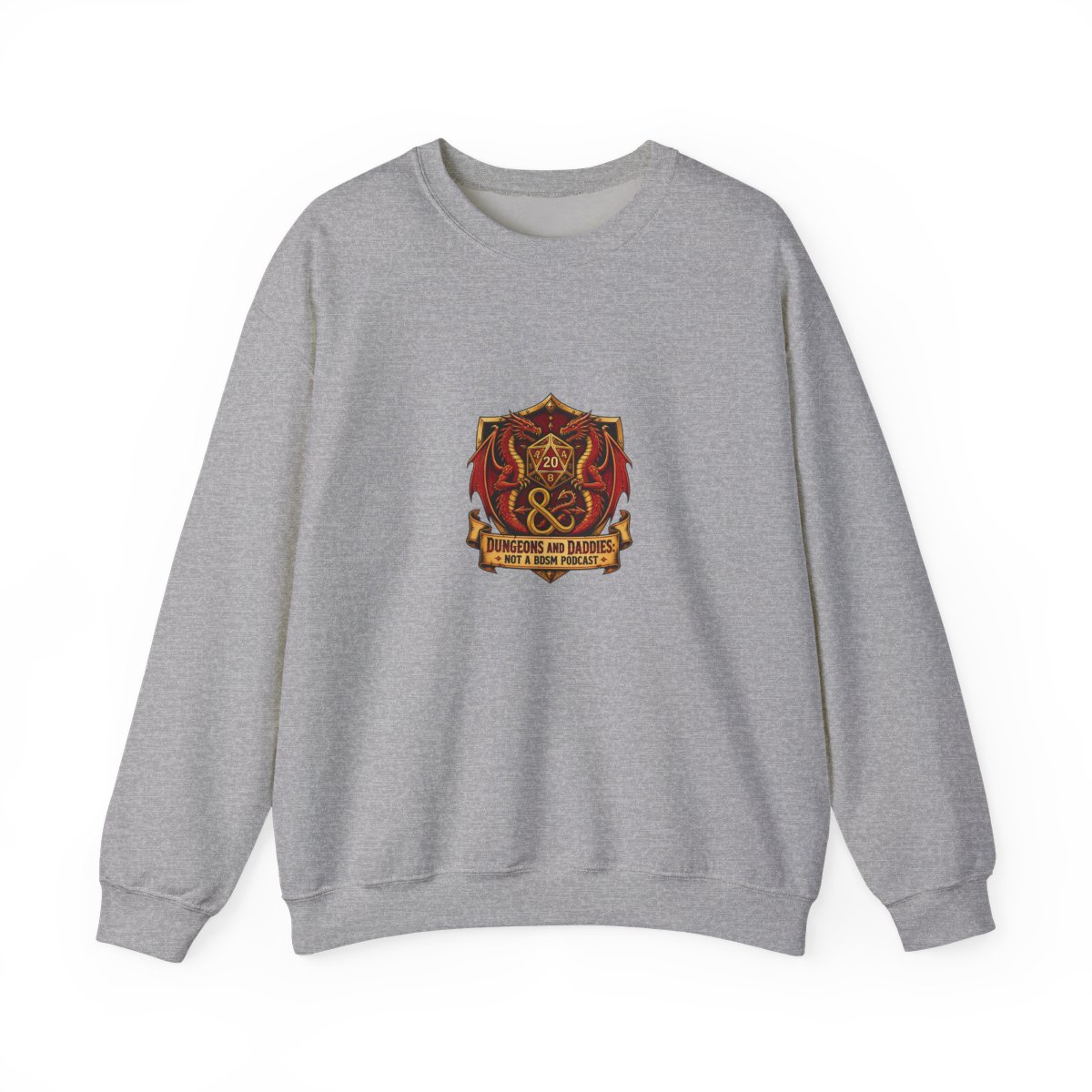 Dungeons and Daddies " tails. This shield sits atop a banner that reads, " Crewneck - Official Sweatshirts merchandise