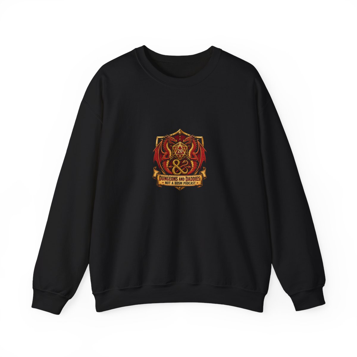 Dungeons and Daddies " tails. This shield sits atop a banner that reads, " Crewneck - Dungeons and Daddies official Sweatshirts merch