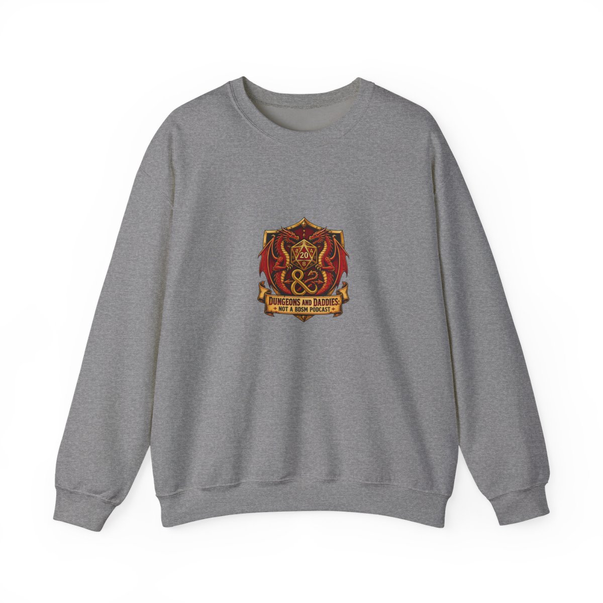Dungeons and Daddies " tails. This shield sits atop a banner that reads, " Crewneck - alternate angle 4, merchandise