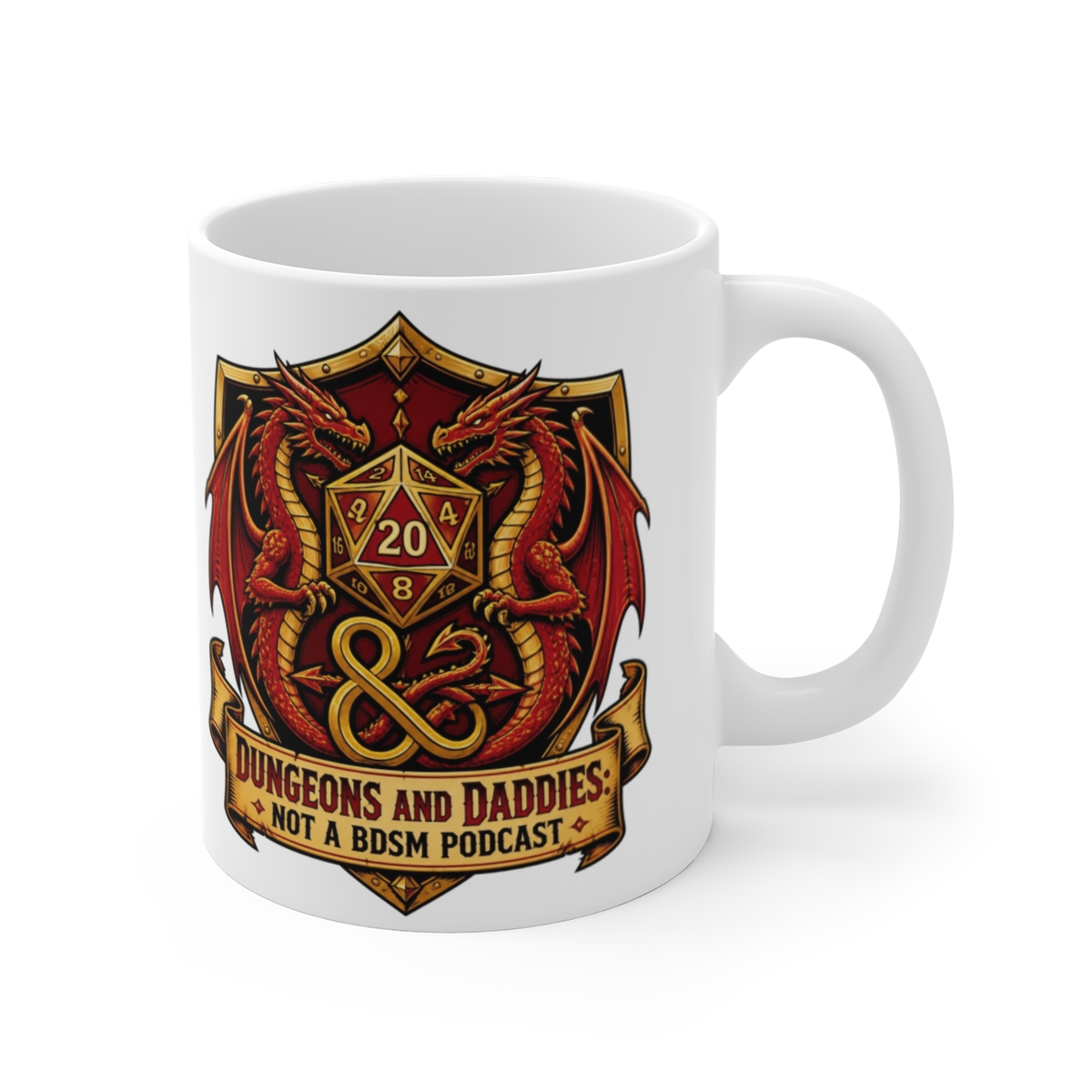 Dungeons and Daddies " tails. This shield sits atop a banner that reads, " White Mug - Official Mugs & Drinkware merchandise