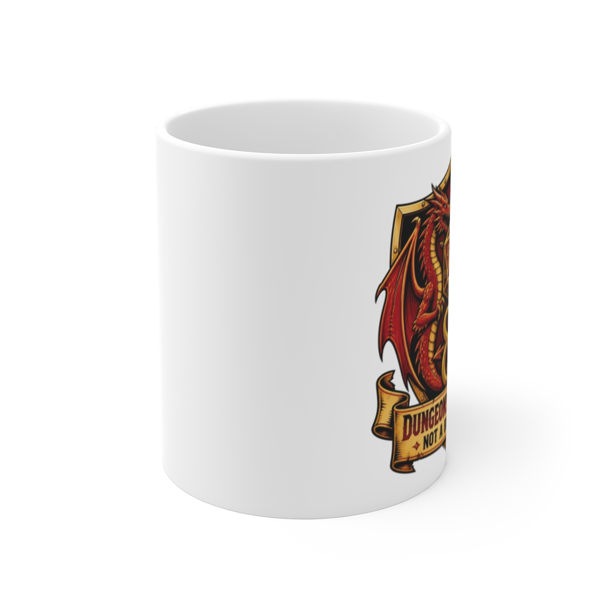 Dungeons and Daddies " tails. This shield sits atop a banner that reads, " White Mug - alternate angle 1, merchandise